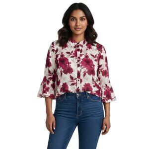 Sami & Jo Petite XL Pink Floral Button Down Blouse Top Bell Sleeves Polyester